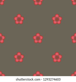 Seamless minimalist geometric pattern with small red flowers on brown background. Repeat botanical pattern. Vector illustration.