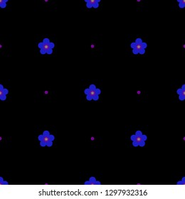Seamless minimalist geometric pattern. Small neon blue flowers with purple core and purple dots on black background. Repeat botanical pattern. Vector illustration.