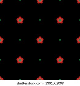 Seamless minimalist geometric pattern. Small red flowers with green core and green dots on black background. Repeat botanical pattern. Vector illustration.