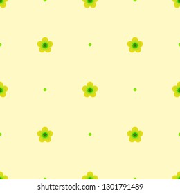 Seamless minimalist geometric pattern. Small greenish yellow flowers with green core and green dots on light yellow background. Repeat botanical pattern. Vector illustration.