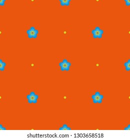 Seamless minimalist geometric pattern. Small blue flowers and yellow dots on orange background. Repeat botanical pattern. Vector illustration.