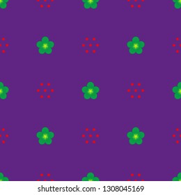 Seamless minimalist geometric pattern. Small green flowers and red dots on purple background. Repeat botanical pattern. Vector illustration.
