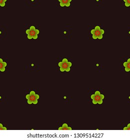 Seamless minimalist geometric pattern. Small green flowers with red core and green dots on dark brown background. Repeat botanical pattern. Vector illustration.