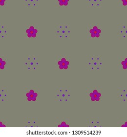 Seamless minimalist geometric pattern. Small magenta flowers and purple dots on neutral grey background. Repeat pale botanical pattern. Vector illustration.