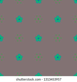 Seamless minimalist geometric pattern. Small teal flowers and green dots on neutral grey background. Repeat pale botanical pattern. Vector illustration.