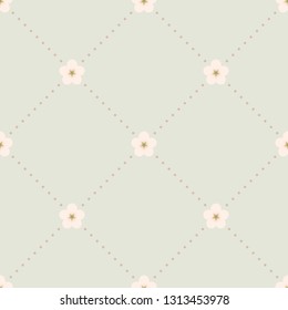 Seamless minimalist geometric pattern with small white flowers and brown dotted rhombuses on light grey green background. Gentle, pastel, pale colors. Repeat botanical pattern. Vector illustration.