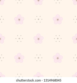 Seamless minimalist geometric pattern. Small pastel powder pink flowers and brown dots on light ivory beige background. Gentle, pale colors. Repeat delicate botanical pattern. Vector illustration.
