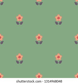 Seamless minimalist geometric pattern with small light orange flowers and grey leaves on dusty green background. Vintage, retro colors. Repeat symmetrical  botanical pattern. Vector illustration