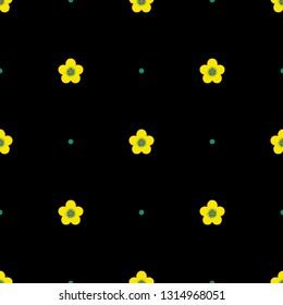 Seamless minimalist geometric pattern. Small yellow flowers and green dots on black background. Repeat botanical pattern. Vector illustration.