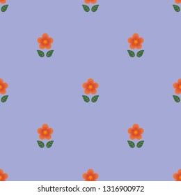 Seamless minimalist geometric pattern with small orange flowers and dark green leaves on soft pastel violet background. Repeat botanical pattern. Vector illustration.