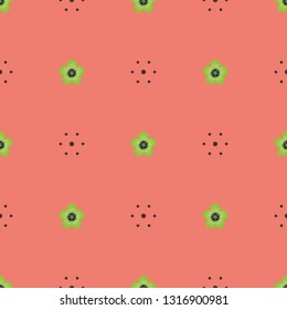 Seamless minimalist geometric pattern. Small green flowers with black core and black dots on pastel coral pink background. Repeat botanical pattern. Vector illustration.