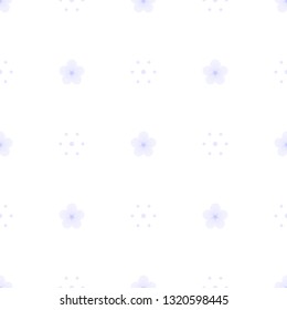 Seamless minimalist geometric pattern. Small light lavender blue flowers and soft violet dots on white background. Gentle, pastel, pale colors. Repeat delicate botanical pattern. Vector illustration.