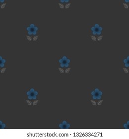 Seamless minimalist geometric pattern with small pale blue flowers and grey leaves on dark gray background. Repeat botanical pattern. Vector illustration.