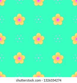 Seamless minimalist geometric pattern. Small light orange flowers with magenta core and pink dots on bright turquoise background. Repeat botanical pattern. Vector illustration.
