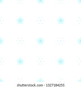 Seamless minimalist geometric pattern. Small light aqua blue flowers and soft azure blue dots on white background. Gentle, pastel, pale colors. Repeat delicate botanical pattern. Vector illustration.