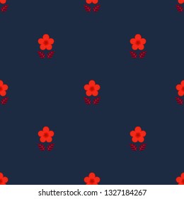 Seamless minimalist geometric pattern with small bright red flowers and maroon leaves on dark blue background. Repeat botanical pattern. Vector illustration.