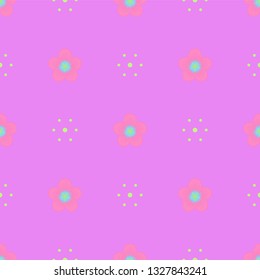 Seamless minimalist geometric pattern. Small light coral pink flowers with turquoise core and green dots on bright orchid background. Repeat botanical pattern. Vector illustration.