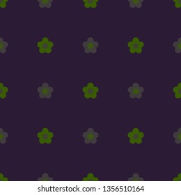 Seamless minimalist geometric pattern with small green and grey flowers on dark purple background. Vintage, retro colors. Repeat symmetrical botanical pattern. Vector illustration.