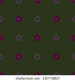 Seamless minimalist geometric pattern with small magenta and grey flowers on dark dusty olive green background. Vintage, retro colors. Repeat symmetrical botanical pattern. Vector illustration.