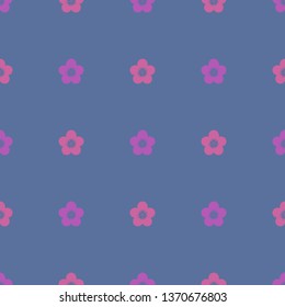 Seamless minimalist geometric pattern with small light pink and purple flowers on dusty blue background. Repeat symmetrical botanical pattern. Vector illustration.