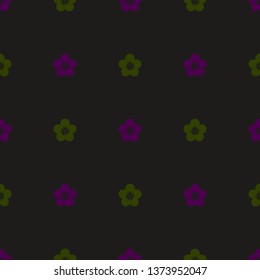 Seamless minimalist geometric pattern with small purple and green flowers on black background. Vintage, retro colors. Repeat symmetrical botanical pattern. Vector illustration.