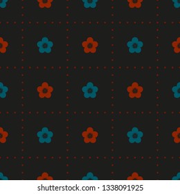 Seamless minimalist geometric symmetrical dotted square pattern with small azure and red flowers on black background. Dark vintage, retro colors. Repeat botanical pattern. Vector illustration.