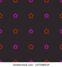 Seamless minimalist geometric symmetrical pattern with small purple and orange flowers on black background. Vintage, retro palette. Repeat botanical pattern. Vector illustration.