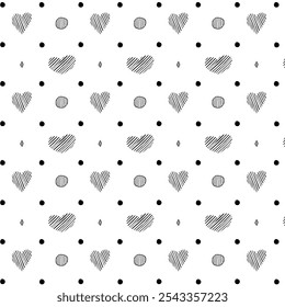 Seamless minimalist pattern. Black stylized hand-drawn hearts with hatching lines, combined with various geometric shapes. Doodle outline. Valentine, anniversary, birthday, wedding. Gifts, packaging