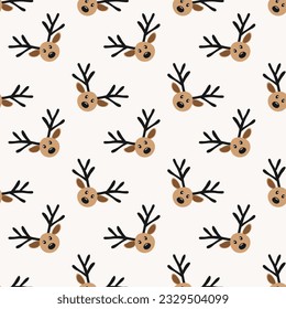 Seamless minimalist pattern with cute reindeer faces in flat style with simple shapes for Christmas print textiles or objects. 