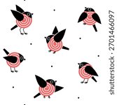 Seamless minimalist pattern with funny geometric bullfinches. Vector hand-drawn illustration for fabric.