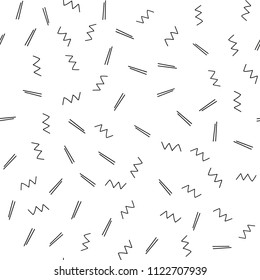 Seamless minimalist pattern. Geometric background with shapes, lines. Black and white color. Retro style 80s-90s. Repeat vector illustration for print on fabric, paper, home interior, banners, layouts