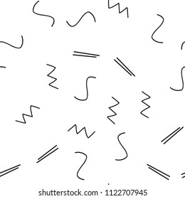 Seamless minimalist pattern. Geometric background with shapes, lines. Black and white color. Retro style 80s-90s. Repeat vector illustration for print on fabric, paper, home interior, banners, layouts