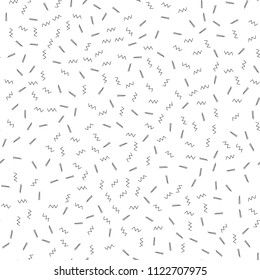 Seamless minimalist pattern. Geometric background with shapes, lines. Black and white color. Retro style 80s-90s. Repeat vector illustration for print on fabric, paper, home interior, banners, layouts