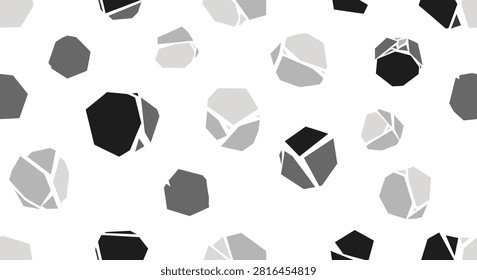 Seamless minimalist pattern of grayscale geometric polygonal shapes resembling stylized rocks or stones scattered on a solid white background for modern surface design.