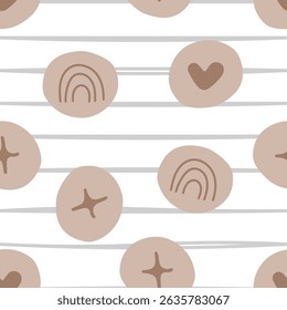 A seamless minimalist pattern with hand-drawn abstract elements in neutral beige tones. Design includes rainbows, stars, and heart shapes placed on soft round blobs, arranged over stripe background