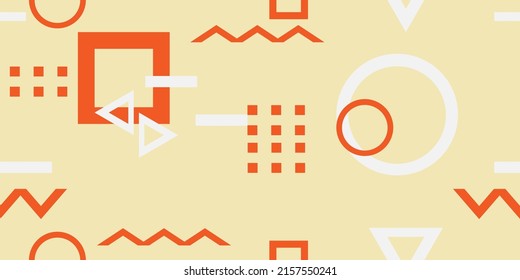 Seamless minimalist pattern in Memphis style, orange and white. Geometric shapes all over the area. Vector illustration with isolated layers.