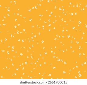 Seamless minimalist pattern with tiny white petal-like shapes, little, spots, small drops scattered across a vibrant yellow background. Ornament for textile prints, packaging, wallpapers, stationery