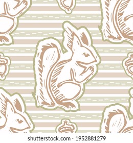 Seamless minimalist squirrel blockprint pattern background. Calm pale tonal pastel color wallpaper. Simple modern scandi unisex kid design. Organic light gender neutral baby newborn nursery print. 