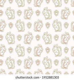 Seamless minimalist squirrel blockprint pattern background. Calm pale tonal pastel color wallpaper. Simple modern scandi unisex kid design. Organic light gender neutral baby newborn nursery print. 