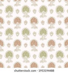 Seamless minimalist tree blockprint pattern background. Calm pale tonal pastel color wallpaper. Simple modern scandi unisex kid design. Organic light gender neutral baby newborn nursery print. 