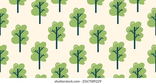 Seamless Minimalist Tree Pattern with Green Foliage on Light Background