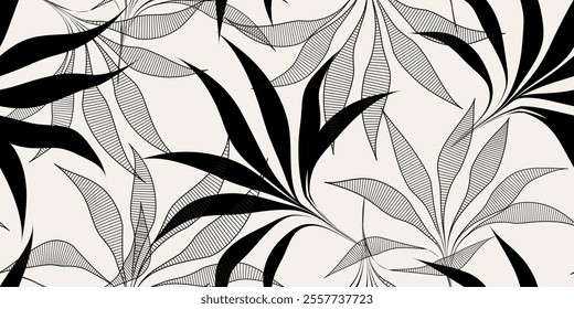 Seamless minimalist tropical leaf pattern. Elegant and modern lines with beautiful silhouettes. Vector illustration