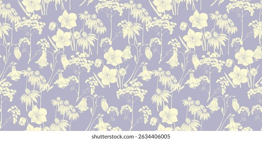 Seamless minimalist vector pattern with delicate garden flowers and soft botanical lines. Ideal for packaging, textiles, stationery, and elegant spring or summer-themed designs.
