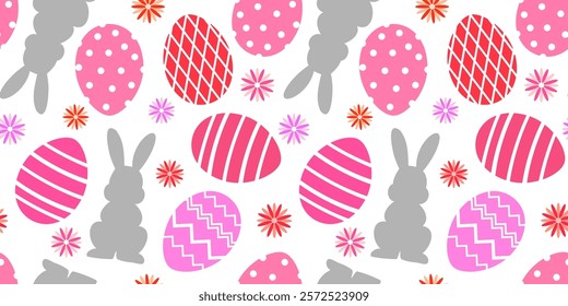 Seamless minimalist vector pattern with silhouettes of rabbits, Easter eggs and flowers in pink and grey pastel colors on a white background.