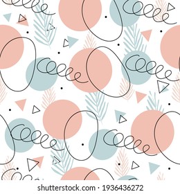 seamless minimalistic abstract pattern. Delicate pastel colors, geometric shapes and floral prints, lines. For fabric, paper, cover stories, phone cases. Vector illustration.
