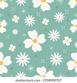
Seamless minimalistic botanical pattern on a green background. White flowers with a yellow center in flat style. Daisies and white flowers. For postcards, banners, invitations and prints on clothes