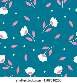 seamless minimalistic cute pattern with white flowers and pink leaves on a pale blue chaotically scattered background