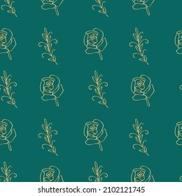 Seamless Minimalistic Floral pattern with golden line on trendy green background.Vector,festive,repeating hand drawn print.Designs for textile, fabric, wrapping paper, packaging, scrapbook paper.