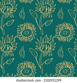 Patrón floral minimalista sin inconvenientes con línea dorada sobre fondo verde a la moda.Vector,festividad,impresión a mano repetida.Diseños para textil, tela, papel envolvente, empaque, papel de rayado.