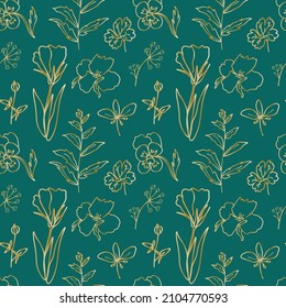Nahtlose Minimalistische Blumenmuster mit goldener Linie auf trendigem grünem Hintergrund.Vektor,festlicher, sich wiederholender handgezeichneter Druck.Designs für Textilien, Gewebe, Packpapier, Verpackung, Scraphepapier.